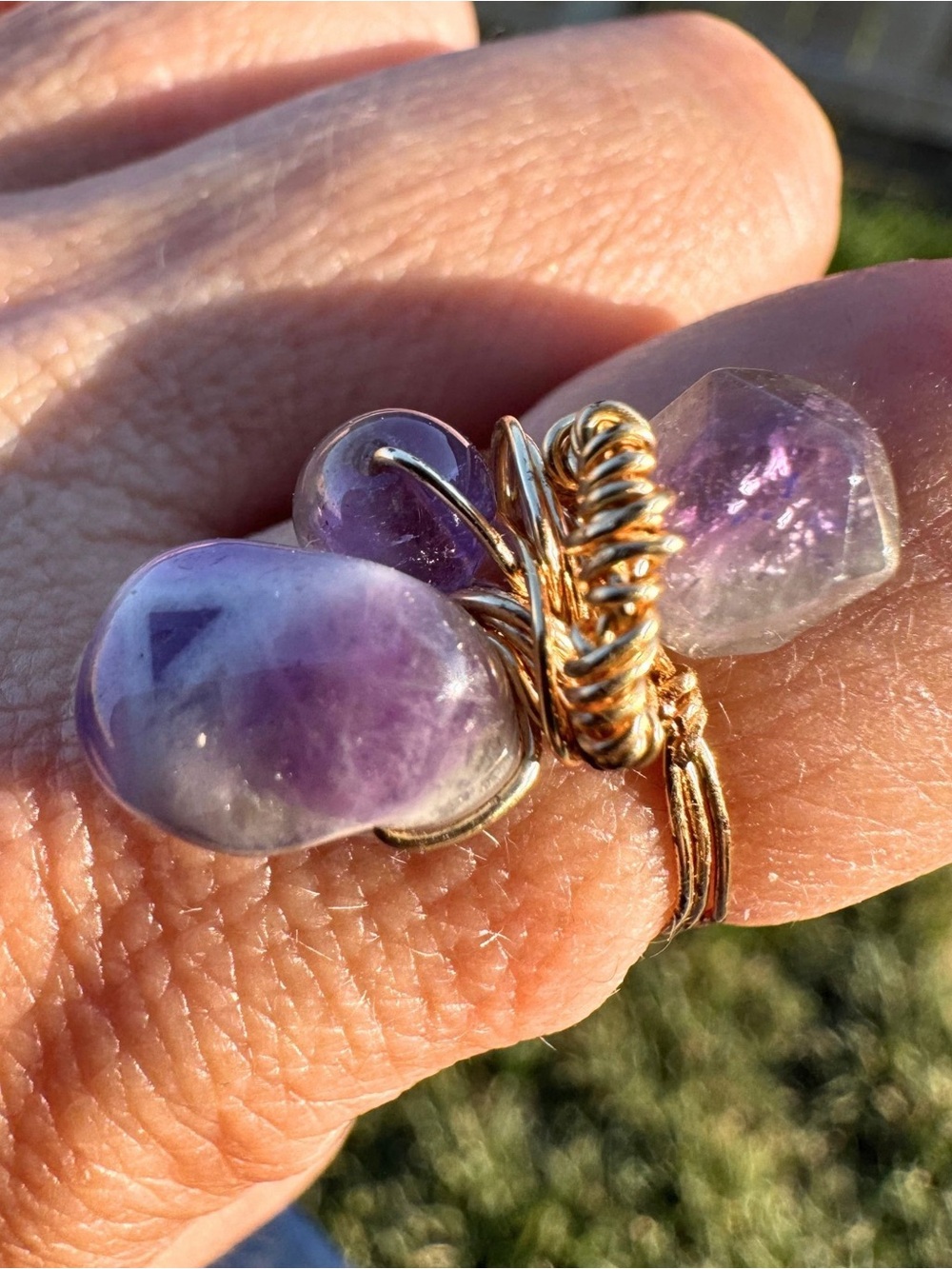 Handcrafted Golden Wire Amethyst Cluster Ring - Purple